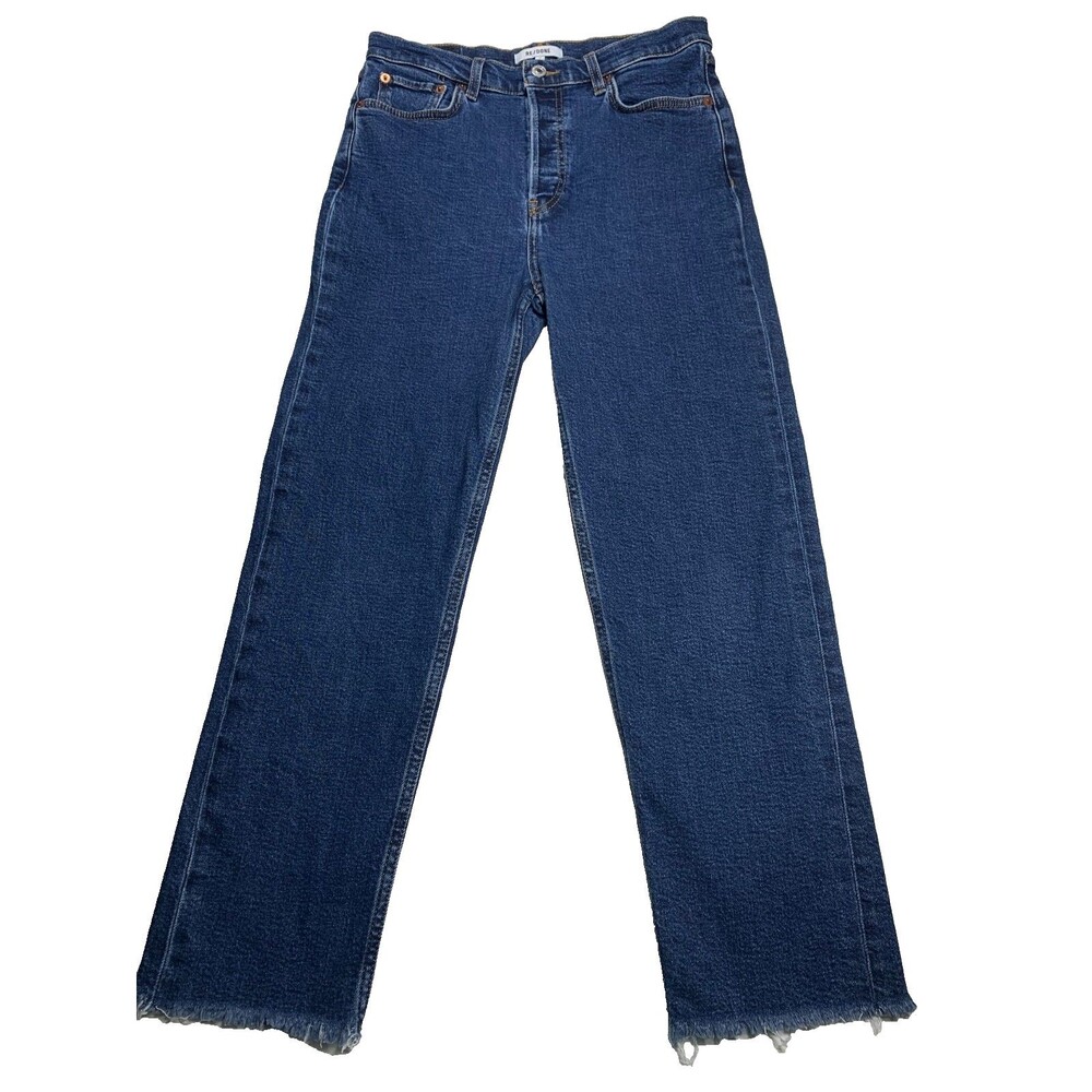 Re/Done Jeans 70s Stove Pipe Women's 29 Button Fly Raw Hem Dark Blue Wash